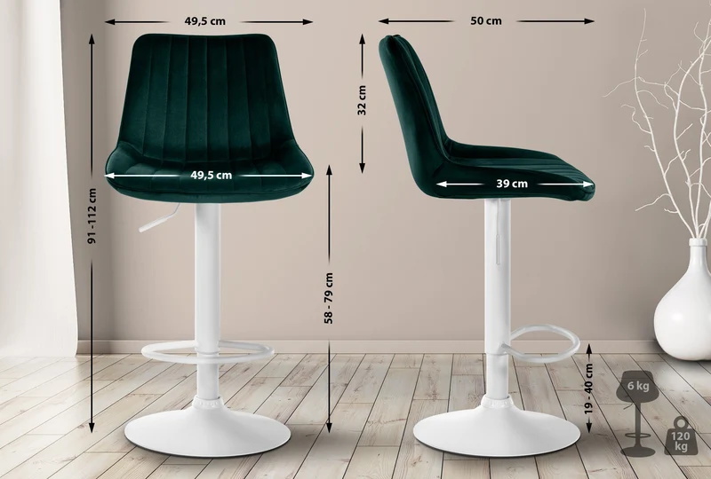 Tabouret de bar x1 réglable en hauteur pivotant à 360° assise en velours vert couture verticale pied métal blanc 10_0006440