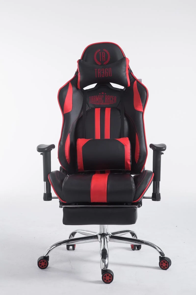 Fauteuil de bureau accoudoirs pivotants avec repose-pieds similicuir noir / rouge cadre métal 10_0006916