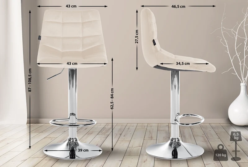 Lot de 2 tabourets de bar en velours crème base métal chromé réglable en hauteur et repose-pieds TDB10631