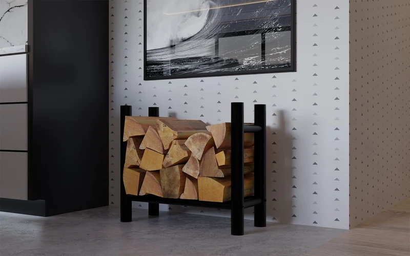 Range-bûches support bois de cheminée pour intérieur pieds ronds 80x60 cm en métal noir 10_0003570