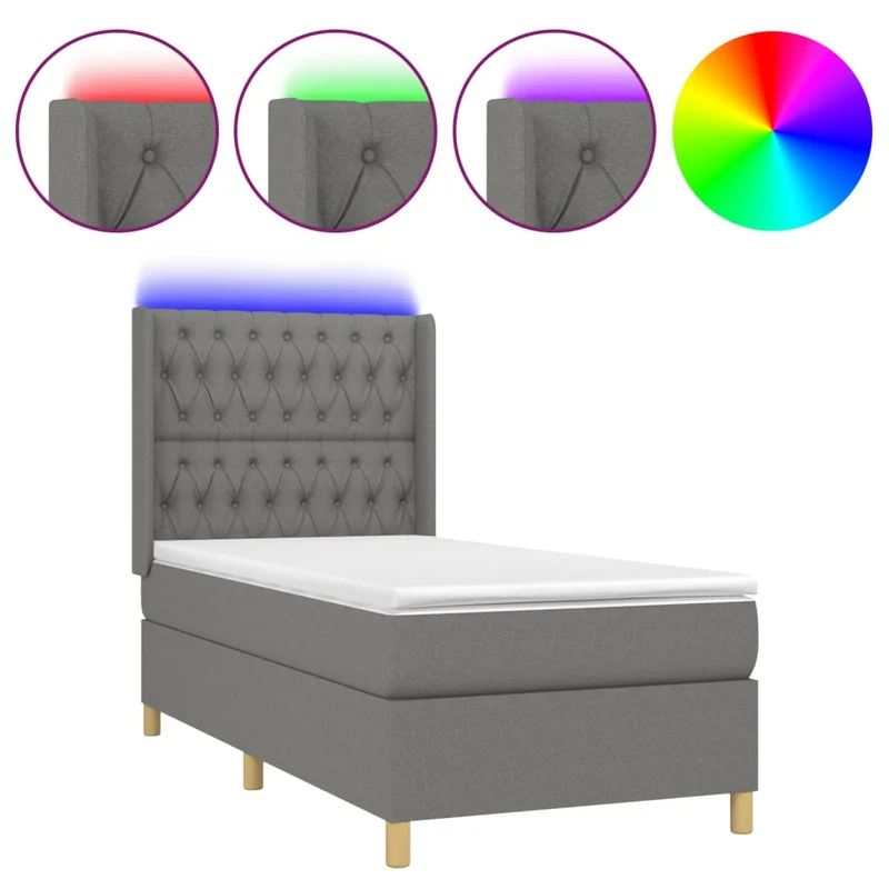 Cadre de lit LED avec sommier tête de lit matelas 90x200cm tissu gris foncé TDL0209370