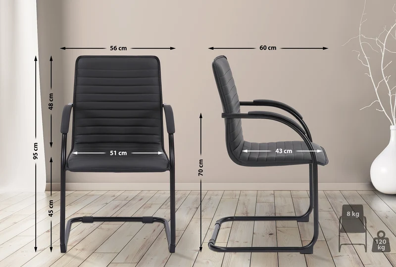 Set de 2 chaises visiteurs accoudoirs en PVC noir piétement luge en métal noir 10_0003123
