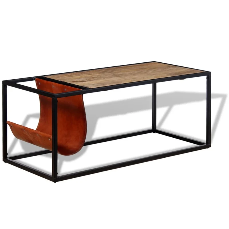 Table basse de salon design moderne avec porte-revues 110 x 50 x 45 cm cuir véritable marron et acier DEC037721