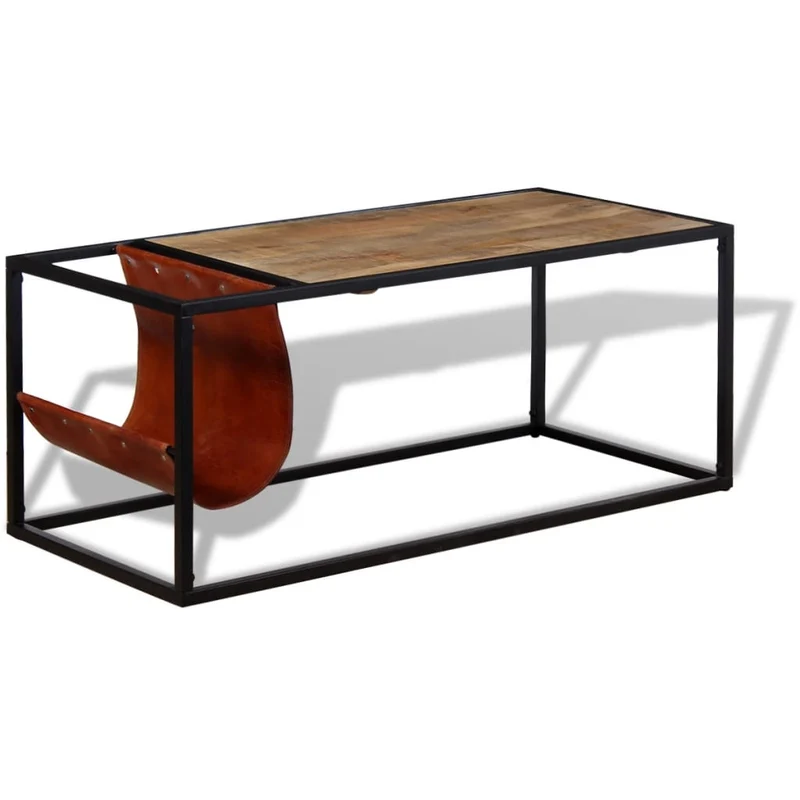 Table basse de salon design moderne avec porte-revues 110 x 50 x 45 cm cuir véritable marron et acier DEC037721