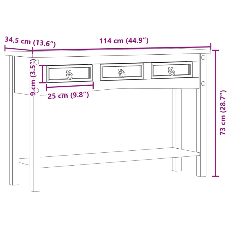 Table console avec tiroirs meuble d'entrée 114 x 34,5 x 73 cm bois de pin massif DEC031969