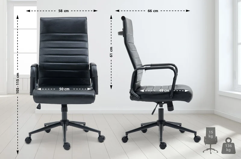 Fauteuil de bureau avec accoudoirs siège pivotant mécanisme à bascule en cuir véritable noir / noir 10_0002522
