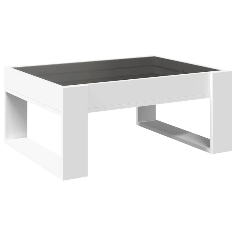 Table basse de salon design moderne avec LED 70 x 53 x 30 cm bois d'ingénierie blanc et verre DEC037442