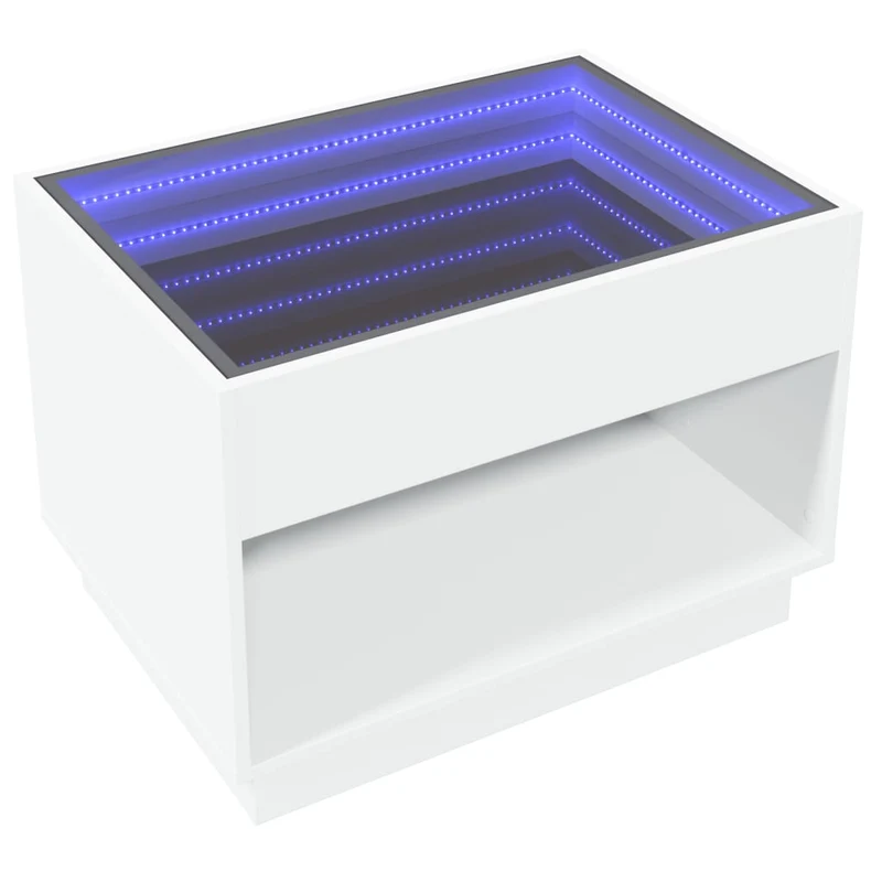 Table basse de salon avec étagère design moderne avec LED infini 70 x 50 x 50 cm bois d'ingénierie blanc et verre DEC037441
