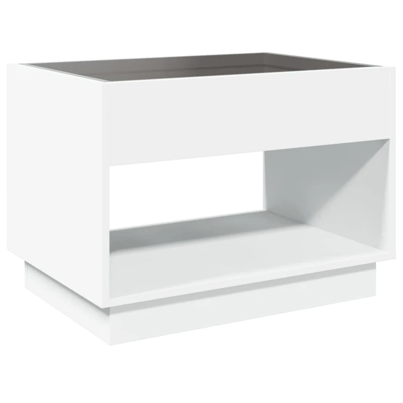 Table basse de salon avec étagère design moderne avec LED infini 70 x 50 x 50 cm bois d'ingénierie blanc et verre DEC037441