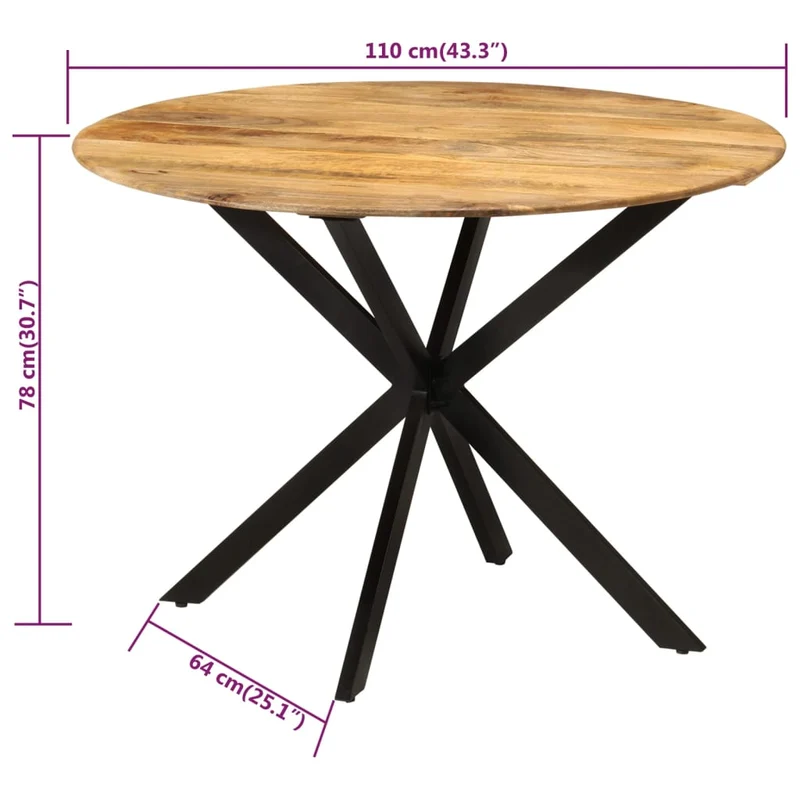 Table de salle à manger design industriel ø110 x 78 cm bois de manguier massif et acier DEC036682