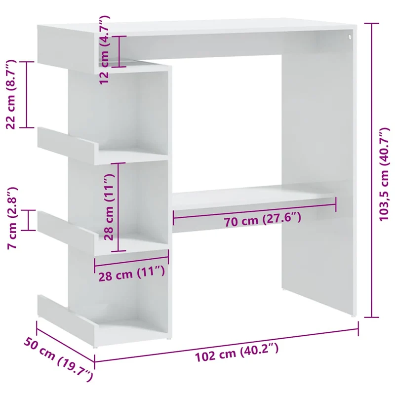Table d’appoint multifonction avec étagère de rangement 100 x 50 x 101,5cm bois d'ingénierie blanc brillant DEC036509