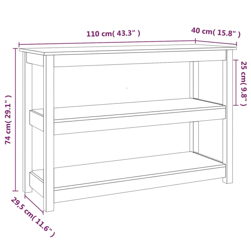 Table console avec étagères 110 x 40 x 74 cm bois massif de pin non traité DEC031526