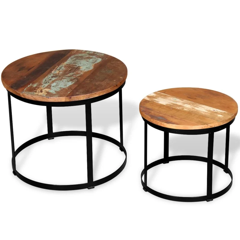 Lot de 2 table basse de salon design industriel cadre en fer plateau bois massif récupéré DEC037034