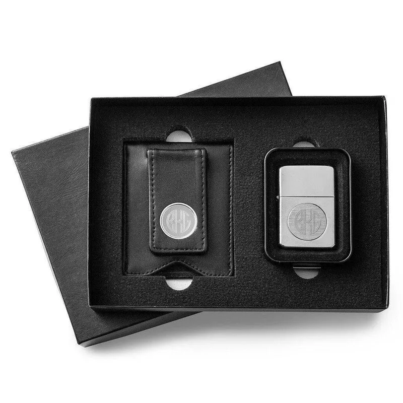 Black Leather Wallet & Chrome Lighter Personalized Set
