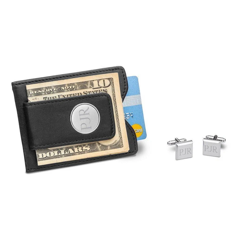Black Leather Wallet and Modern Square Cufflinks Personalized Gift Set