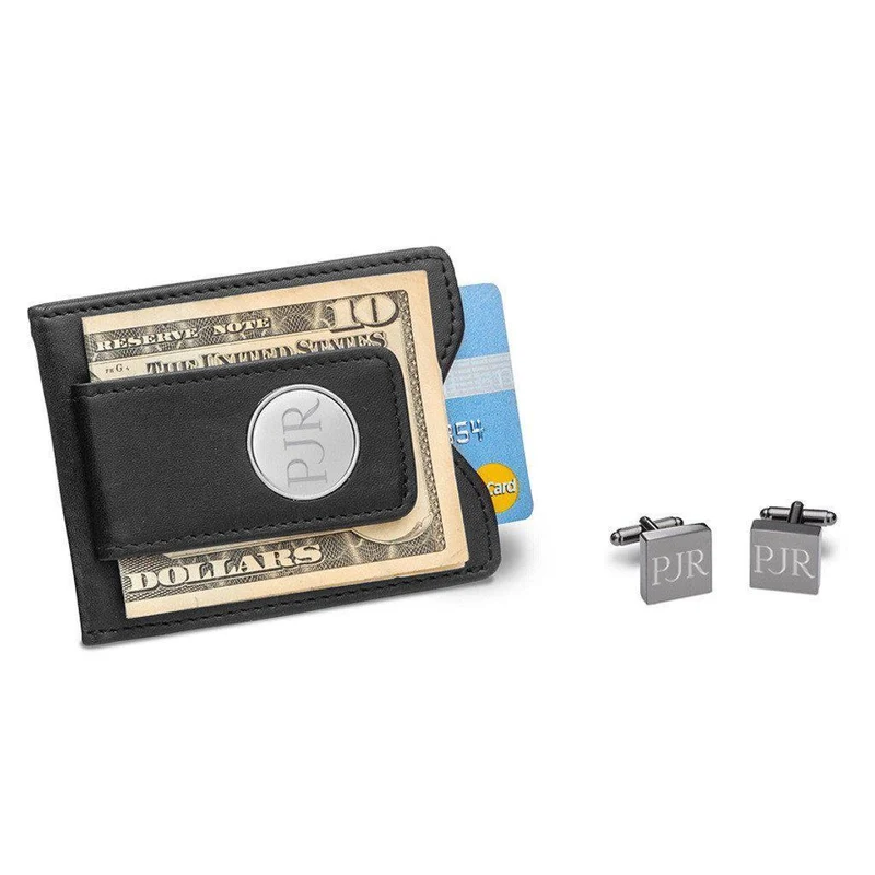 Black Leather Wallet and Gunmetal Square Cufflinks Personalized Set