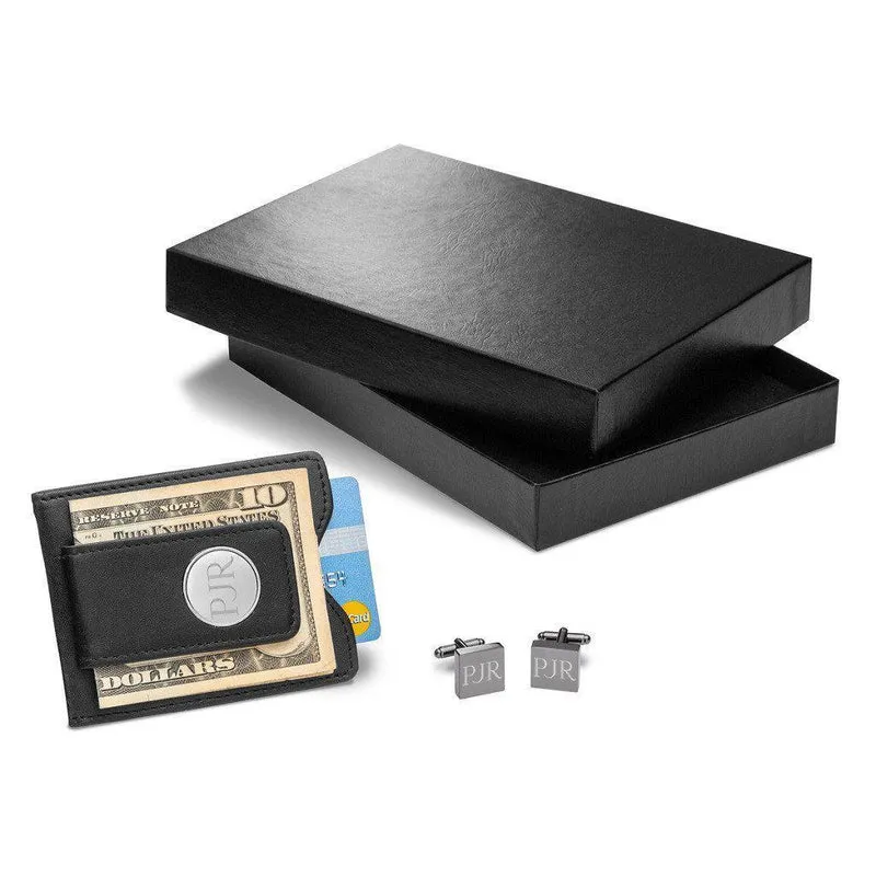 Black Leather Wallet and Gunmetal Square Cufflinks Personalized Set
