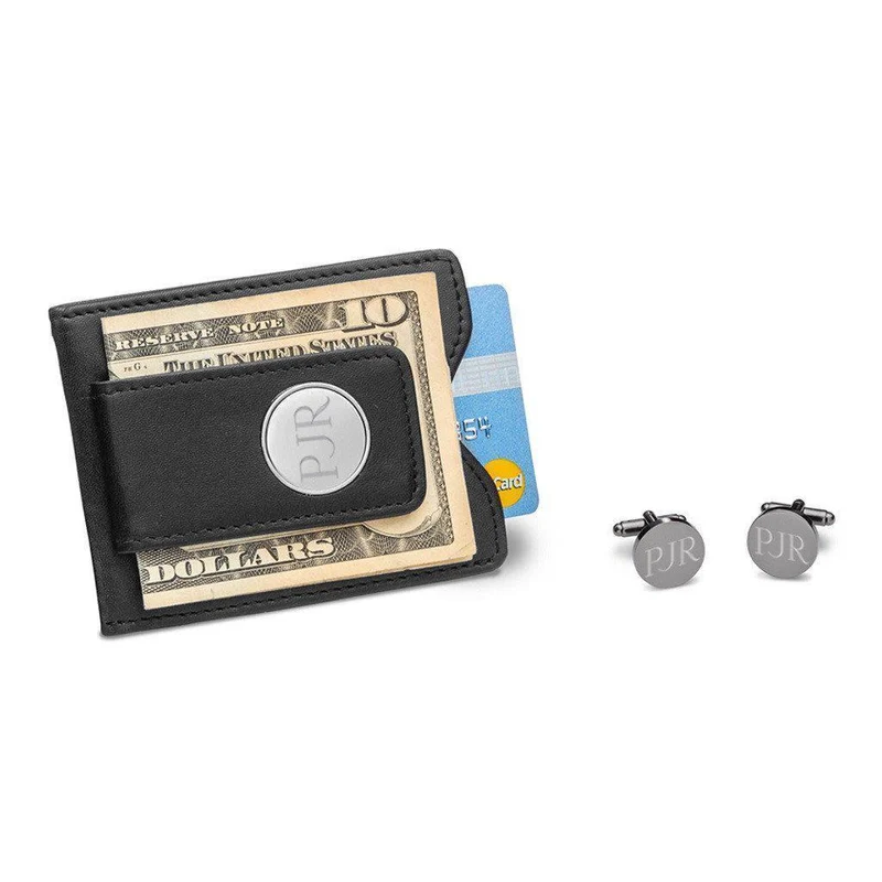 Black Leather Wallet and Gunmetal Round Cufflinks Personalized Set