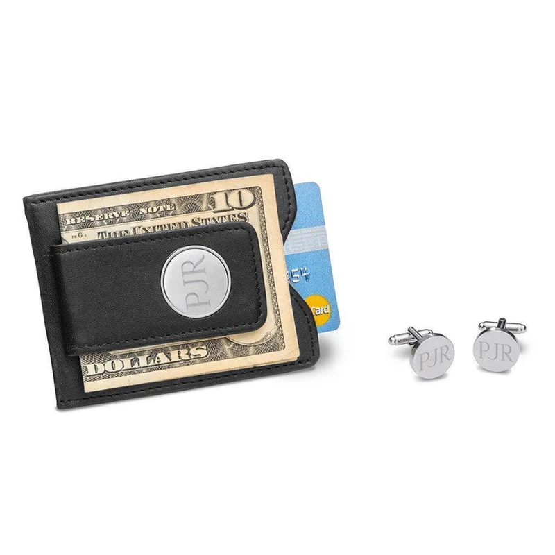 Black Leather Wallet and Classic Round Cufflinks Personalized Gift Set