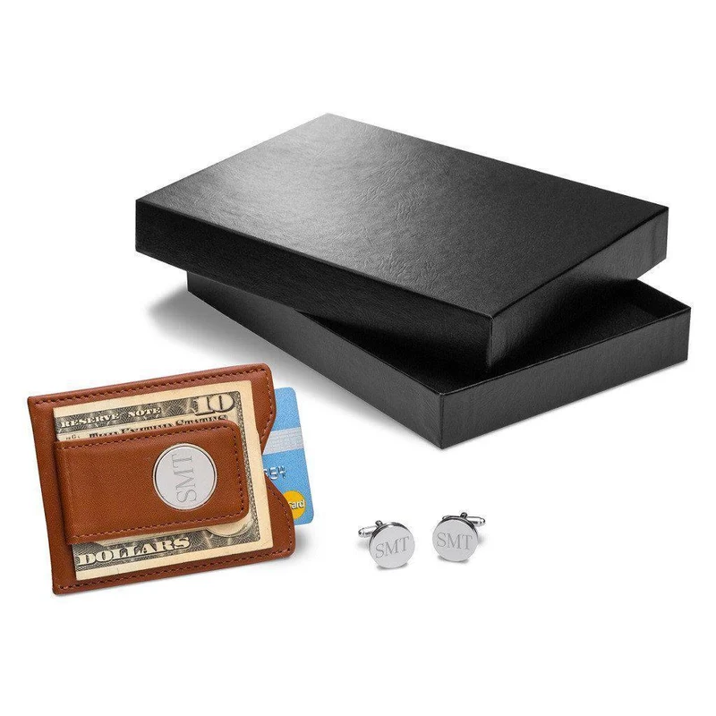 Brown Leather Wallet and Pin Stripe Cufflinks Personalized Set
