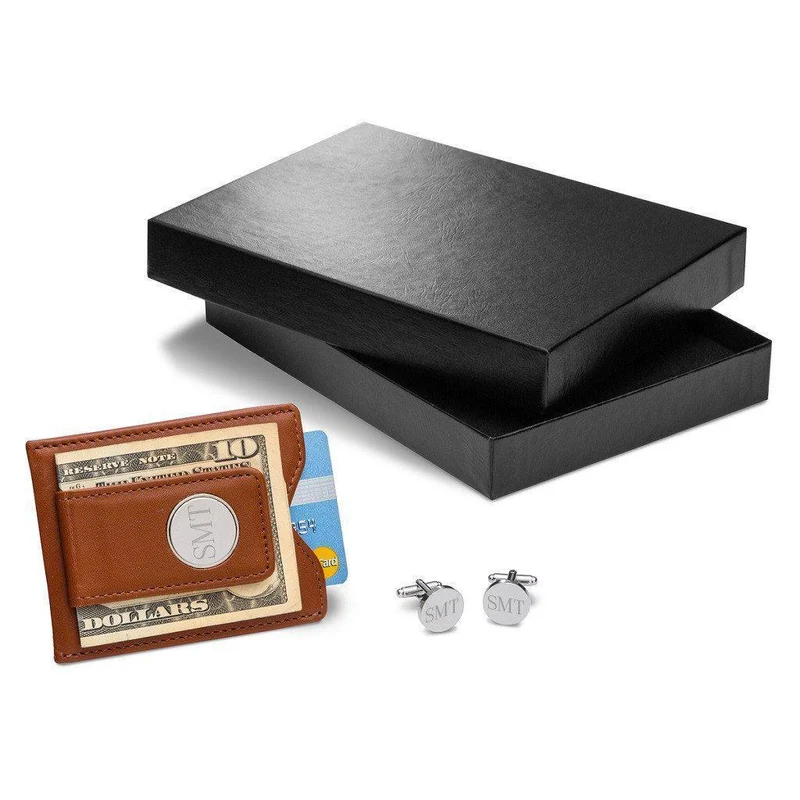 Brown Leather Wallet and Classic Round Cufflinks Personalized Set