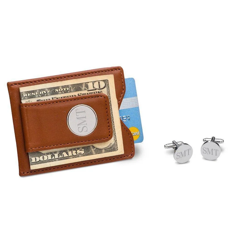 Brown Leather Wallet and Classic Round Cufflinks Personalized Set