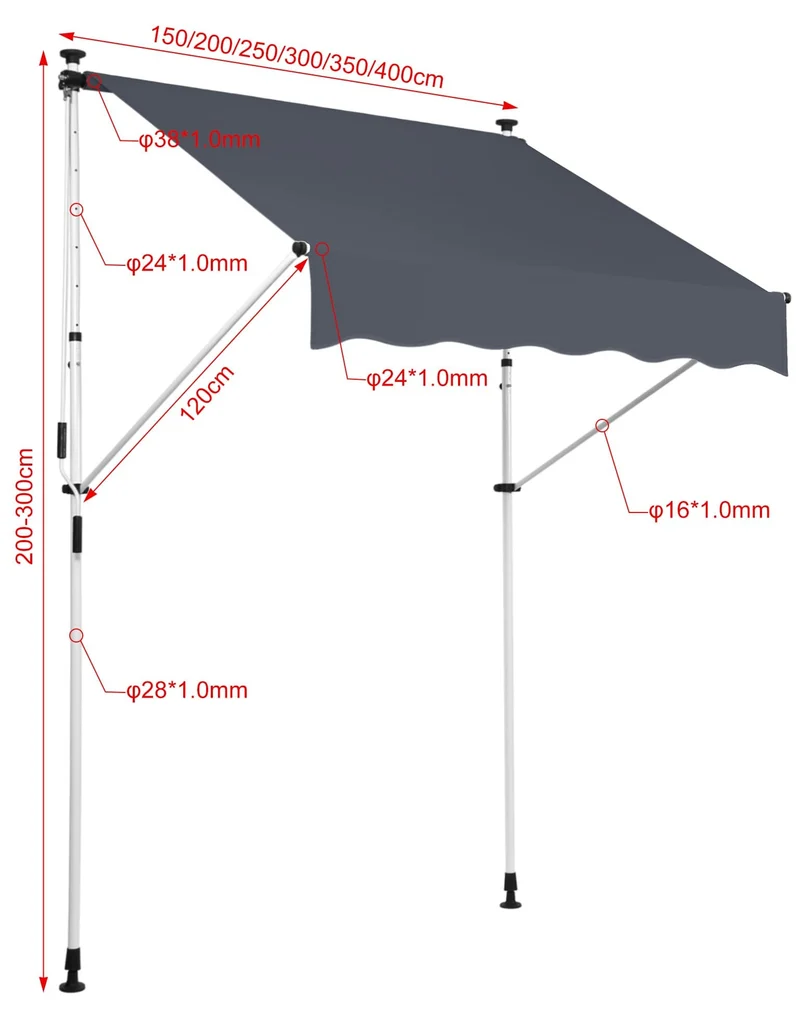 Store banne terrasse auvent à pince avec pied réglable installation sans perçage largeur 400 cm tube en acier tissu anthracite 10_0002975