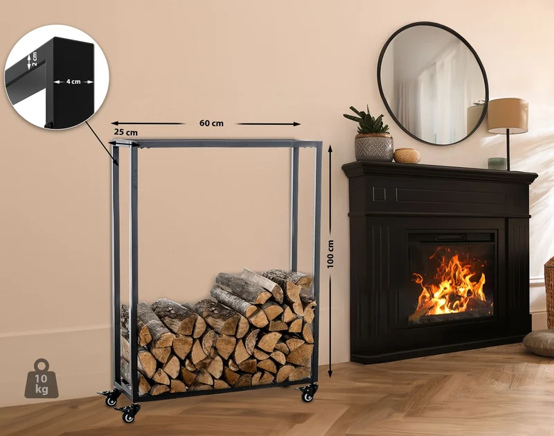 Range-bûches étagère support bois de cheminée sur roulettes 100x60x25 cm en métal noir 10_0003530