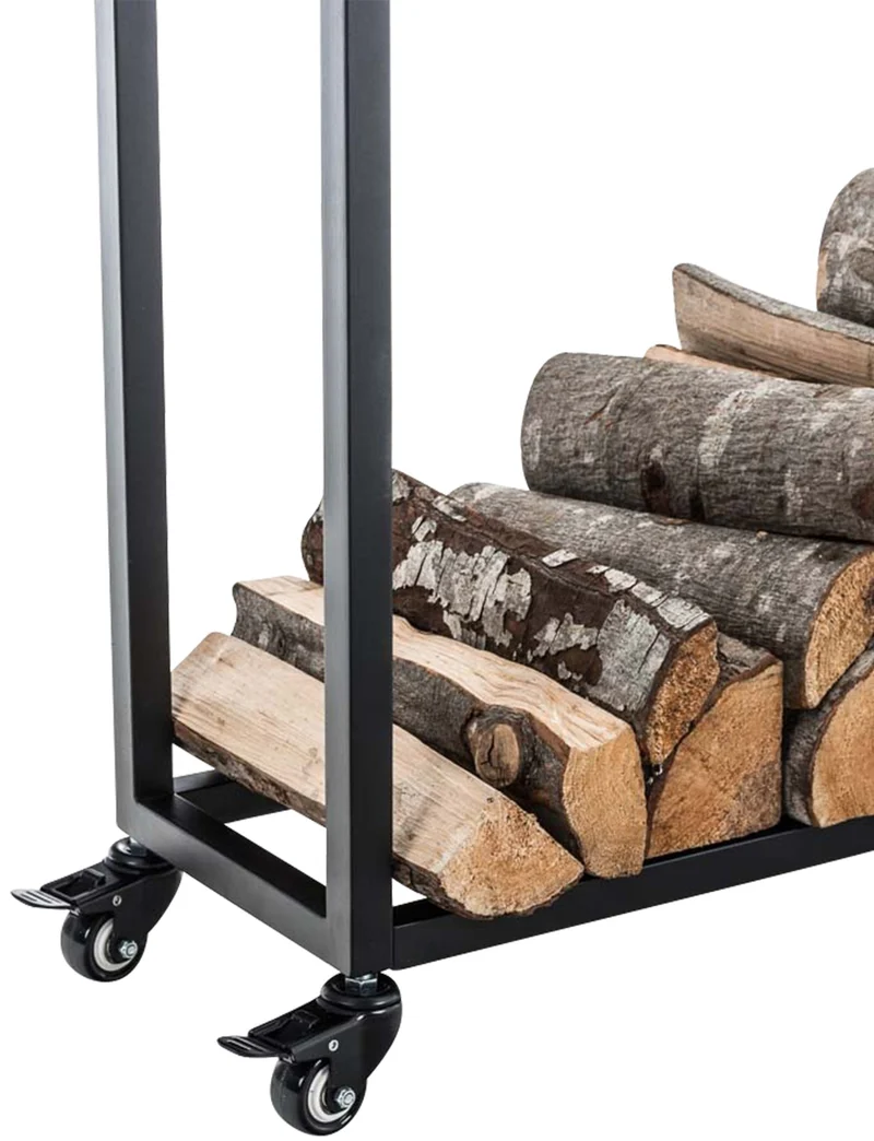 Range-bûches étagère support bois de cheminée sur roulettes 150x60x25 cm en métal noir 10_0003531
