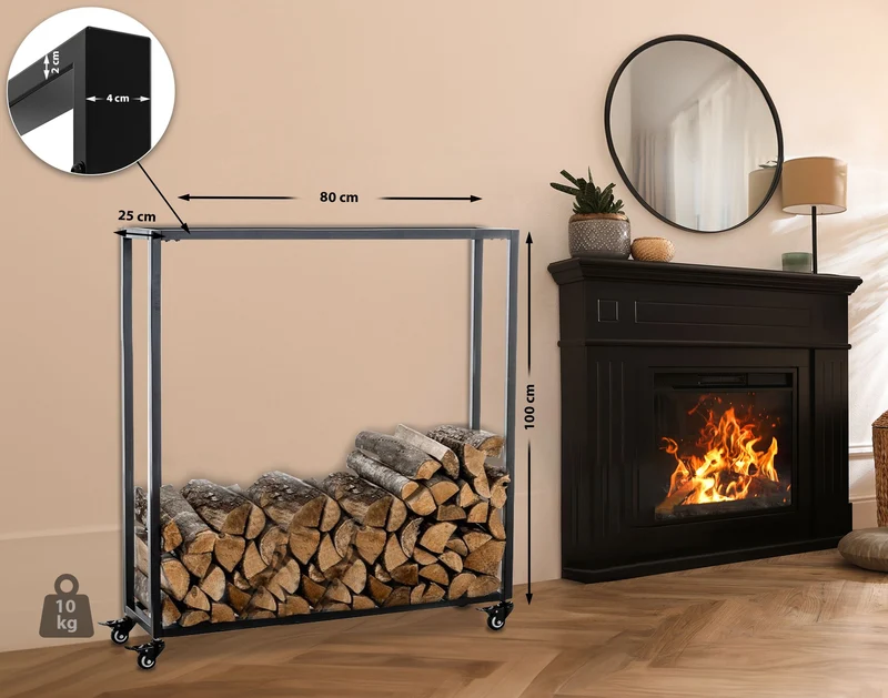 Range-bûches étagère support bois de cheminée sur roulettes 100x80x25 cm en métal noir 10_0003532