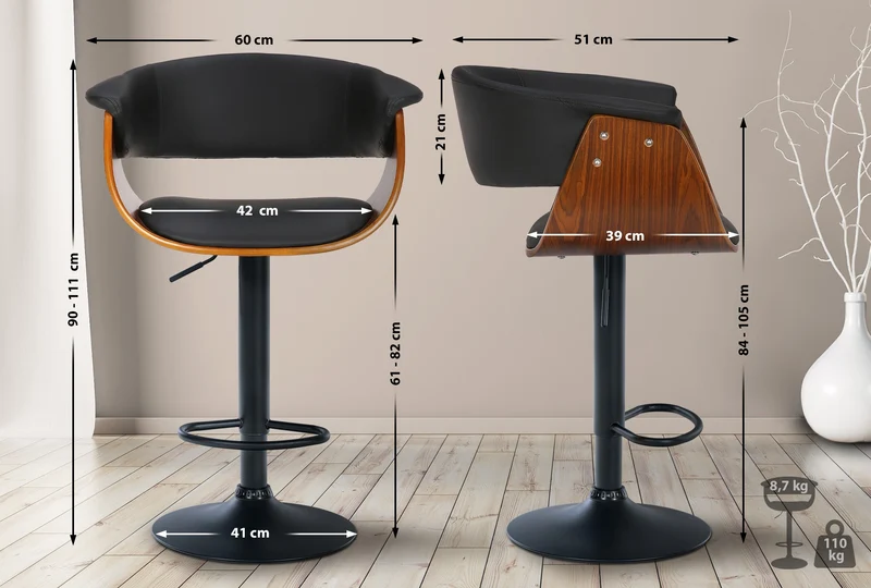 Tabouret de bar design moderne siège réglable en hauteur et pivotant en PVC noir coque en bois et métal noir 10_0005452