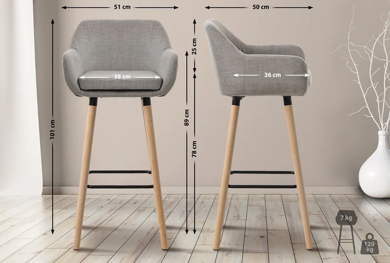 Tabouret de bar lounge x1 design scandinave assise en tissu gris pieds en bois repose-pieds en métal 10_0004917