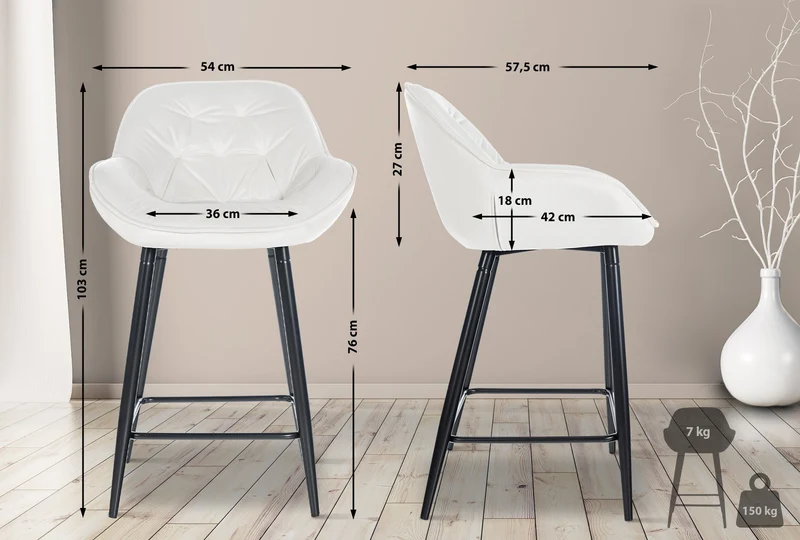 Tabouret de bar chaise haute x1 assise effet capitonnée en velours blanc crème et métal noir 10_0004884