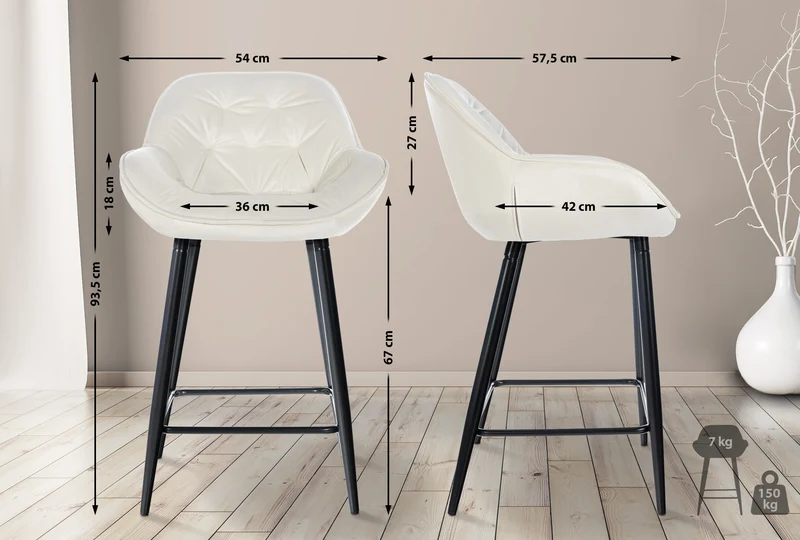 Lot de 2 tabourets de bar chaises hautes assise effet capitonnée en velours crème et métal noir 10_0004163