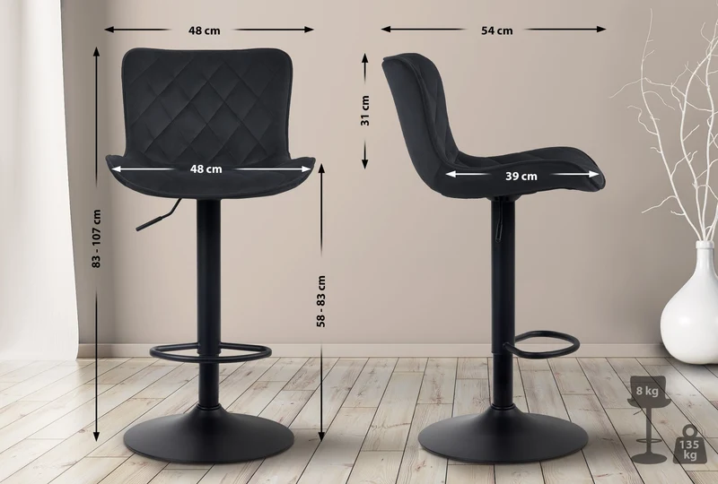 Tabouret de bar x1 coutures décoratives pied trompette hauteur réglable en métal noir assise en velours noir 10_0004860