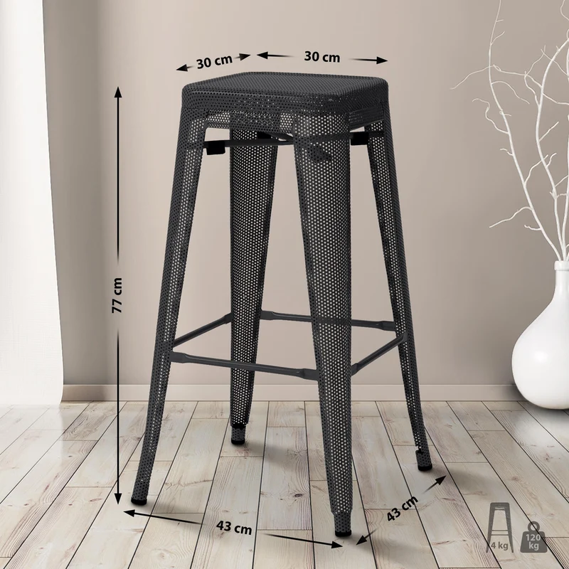 Tabouret de bar avec repose-pieds design industriel empilable en métal perforé noir 10_0004867