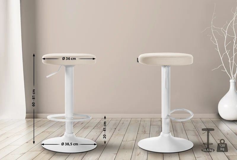 Tabouret de bar x1 design simple hauteur réglable revêtement en PVC crème pieds en métal blanc 10_0005345