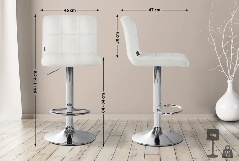 Tabouret de bar chaise haute x 1 avec coutures décoratives carrées assise en velours crème pieds en métal chromé 10_0005324
