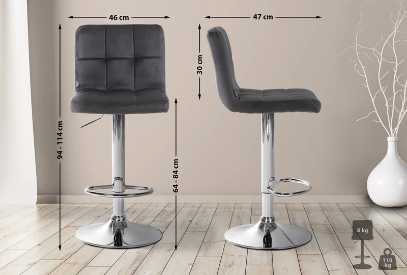Tabouret de bar chaise haute x 1 avec coutures décoratives carrées assise en velours noir pieds en métal chromé 10_0005328