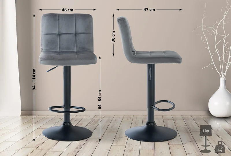 Tabouret de bar chaise haute x 1 avec coutures décoratives carrées assise en velours gris foncé pieds en métal noir 10_0005331