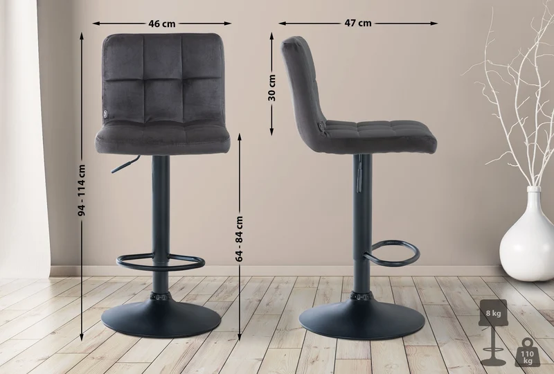 Tabouret de bar chaise haute x 1 avec coutures décoratives carrées assise en velours noir pieds en métal noir 10_0005334