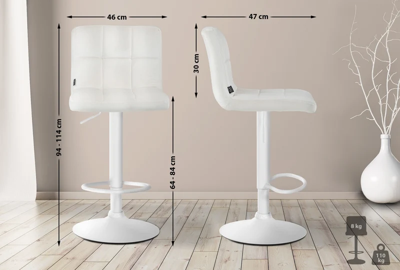 Tabouret de bar chaise haute x 1 avec coutures décoratives carrées assise en velours crème pieds en métal blanc 10_0005336