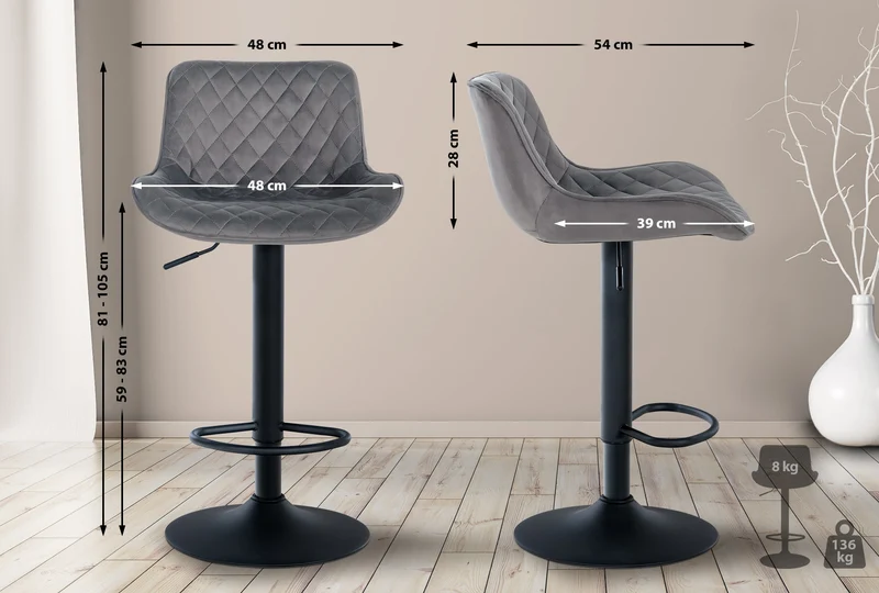 Tabouret de bar x1 assise avec coutures décoratives losange en velours gris foncé et pieds en métal noir 10_0005229