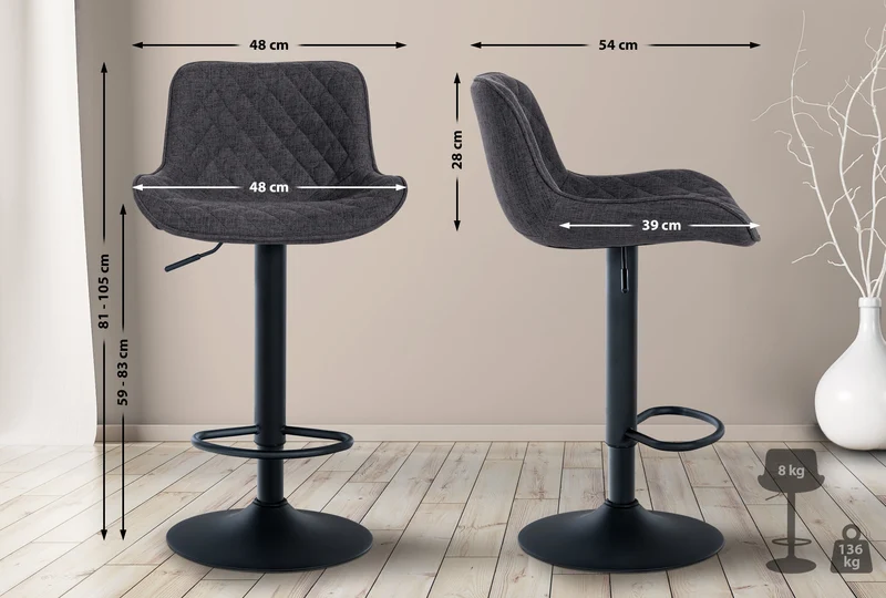 Tabouret de bar x1 assise avec coutures décoratives losange en tissu noir et pieds en métal noir 10_0005232