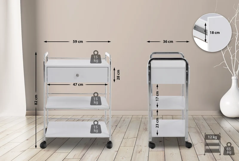 Chariot de service caisson sur roulettes rangement bureau cosmétique tiroir et 2 étagères blanc 10_0003064