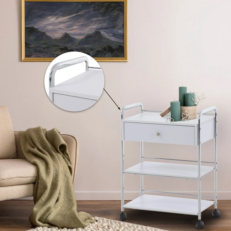 Chariot de service caisson sur roulettes rangement bureau cosmétique tiroir et 2 étagères blanc 10_0003064