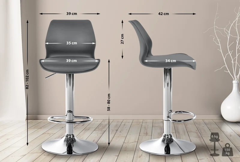 Lot de 2 tabourets de bar avec repose-pieds hauteur réglable pivotant en PVC et plastique gris et métal 10_0006105