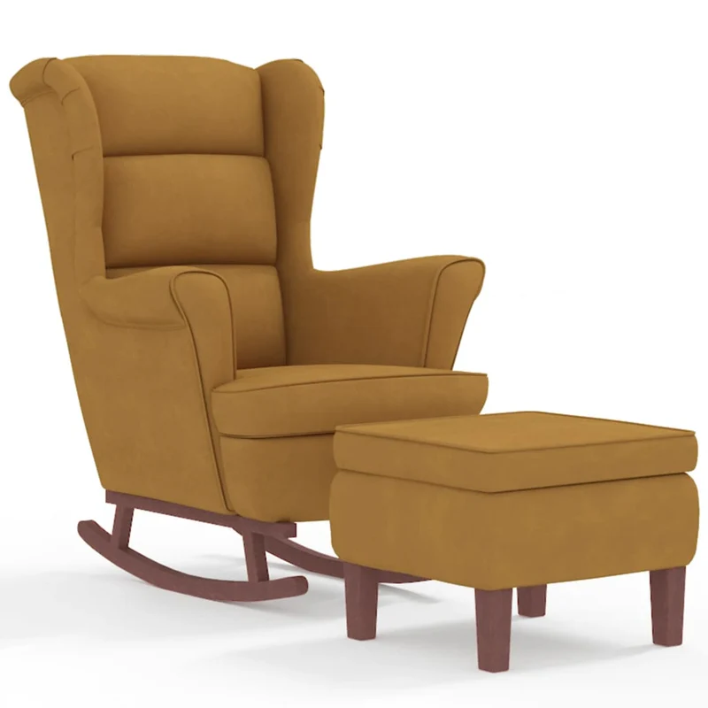 Fauteuil à bascule avec repose-pieds rembourré relax pour salon avec pieds en bois siège velours marron DEC028762