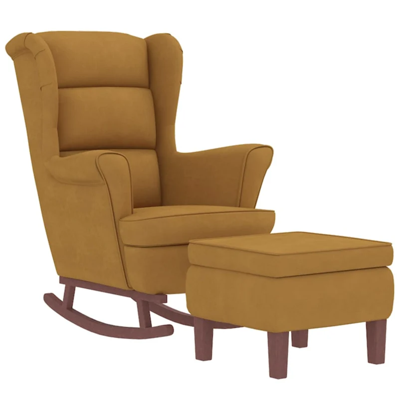 Fauteuil à bascule avec repose-pieds rembourré relax pour salon avec pieds en bois siège velours marron DEC028762
