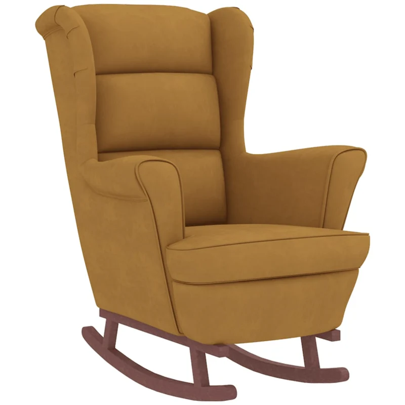 Fauteuil à bascule avec repose-pieds rembourré relax pour salon avec pieds en bois siège velours marron DEC028762